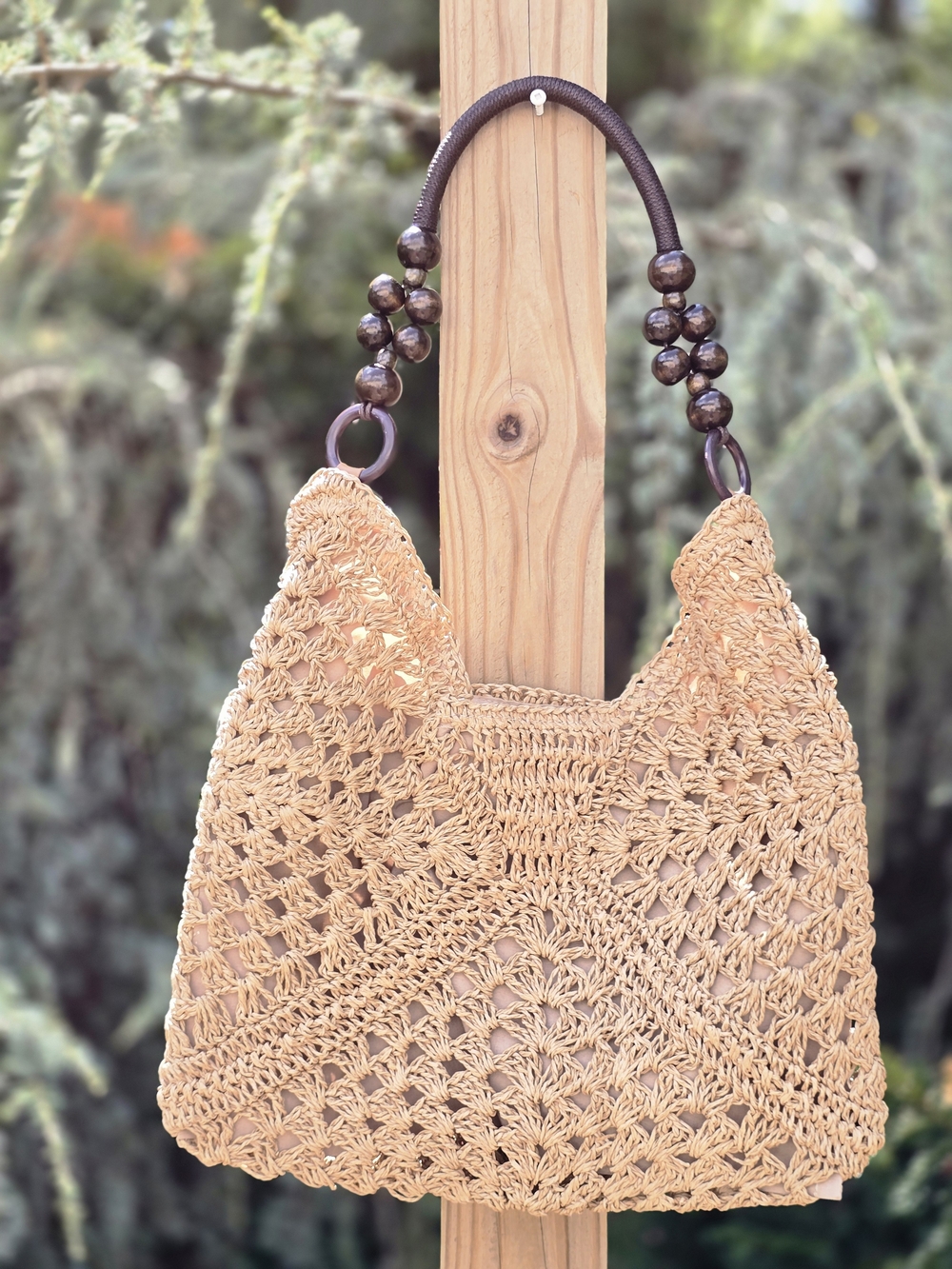 Handwoven Tan Crochet Shoulder Bag with Beaded Handle